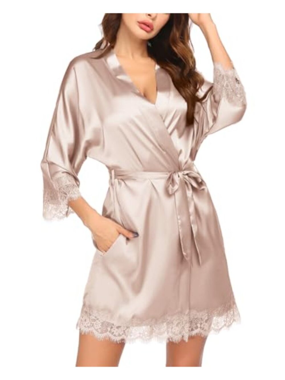 Satin Kimono Robe Short Lace Trim Bridal Shower Sleepwear